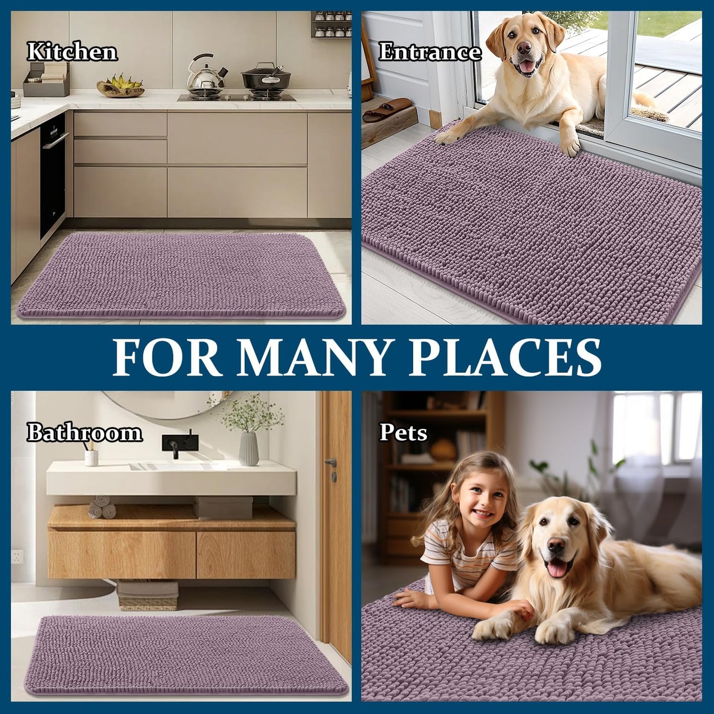 OLANLY Dog Door Mat - Absorbent Non-Slip Chenille for Muddy Paws | 47x24 Deep Plum Indoor Carpet