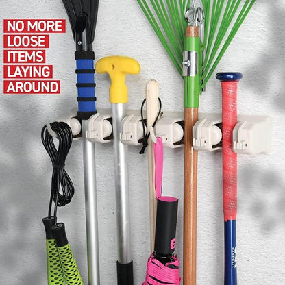 Garage Storage Organizer | Mop and Broom Holder Wall Mount 2 Pack - 5 Slots, 6 Hooks, 7.5lbs Capacity - Off-White