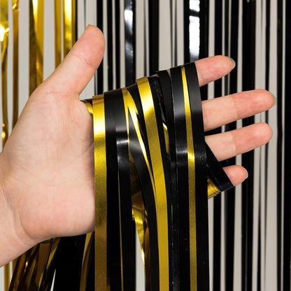 GREATRIL Black and Gold Party Streamers - Foil Fringe Backdrop for NYE, Anniversaries, Birthdays | 3.2ft X 8.2ft - 2 Packs