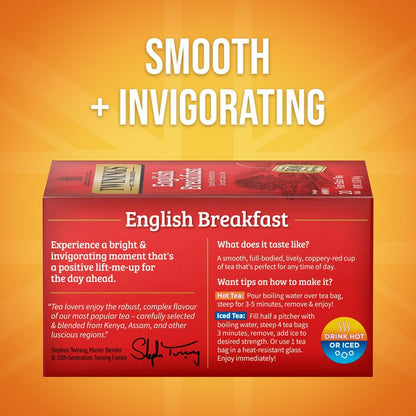 Twinings English Breakfast Black Tea Individually Wrapped Bags, 20 Count (Pack of 6), Flavourful, Robust, Caffeinated, Enjoy Hot or Iced, 120 Teabags