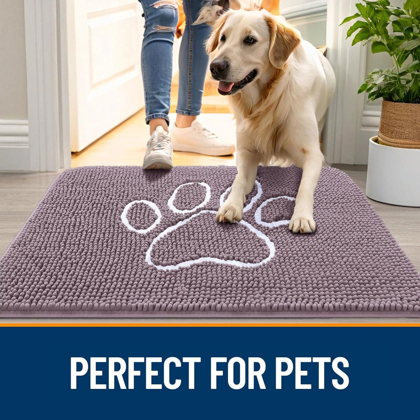 OLANLY Dog Door Mat - Absorbent Non-Slip Muddy Paws Doormat | 48x30, Quick Dry Chenille, Deep Plum