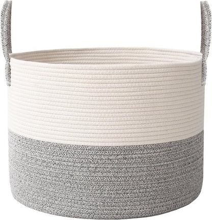 **JMvicyroam Extra Large Woven Cotton Rope Blanket Basket - Stylish Laundry Hamper with Reinforced Handles | Machine Washable, White & Grey**