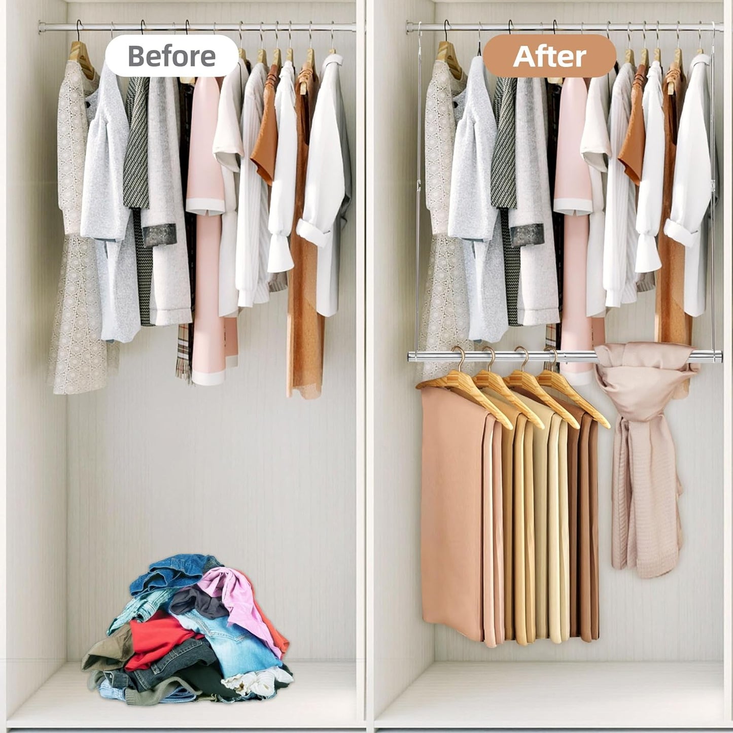 Storage Maniac Adjustable Closet Hanging Rod - Space-Saving Organizer for Clothes | 2 Pack Chrome