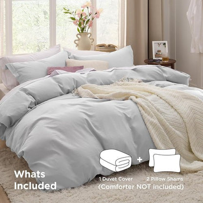 Bedsure Duvet Cover Set - Light Grey Full Size, 3 Pieces of Extra Soft Cotton-Like Polyester with Zipper Closure & Pillow Shams