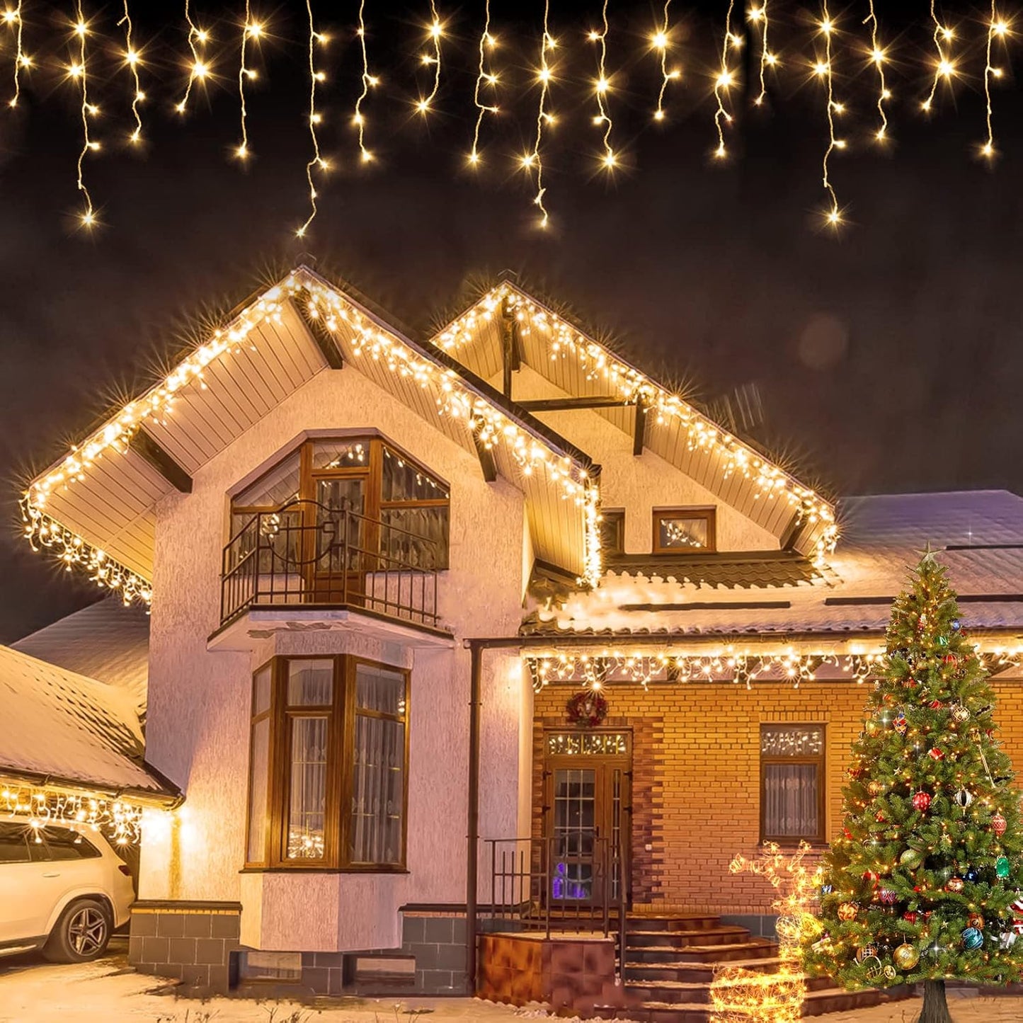 USOKYO Icicle Christmas Lights - 480 LED 39FT Twinkle String Lights with 96 Drops & Timer | Warm White