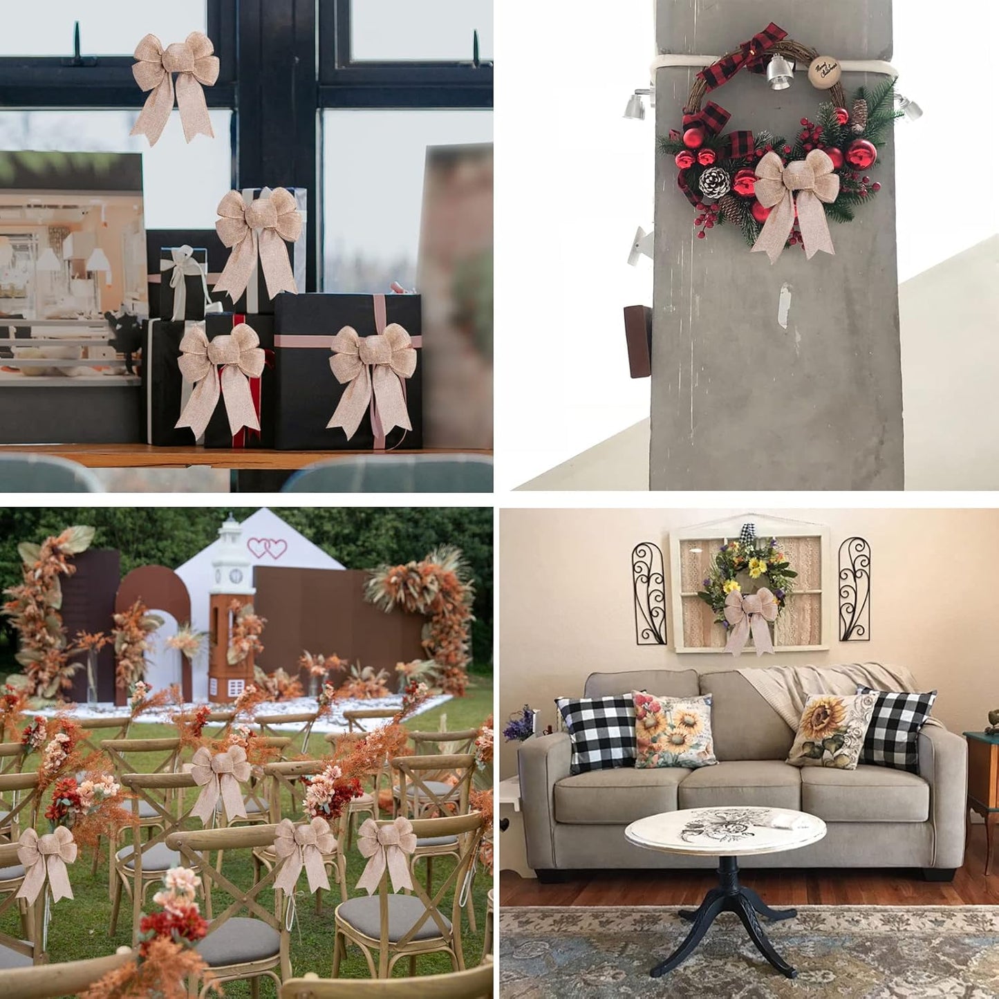 Skiennix Rustic Jute Wreath Bows - 6-Pack Burlap Decor for Christmas, Weddings & Parties