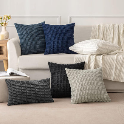 MIULEE Corduroy Throw Pillow Covers - Soft Boho Striped Design | 18x18 Inch Blue for Modern Farmhouse Decor