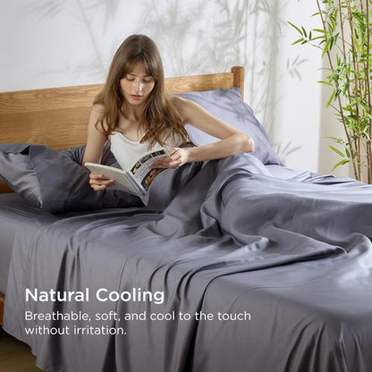 Bedsure Cooling Sheets - Breathable Viscose Bamboo Full Size Bed Set | Deep Pocket Dark Grey