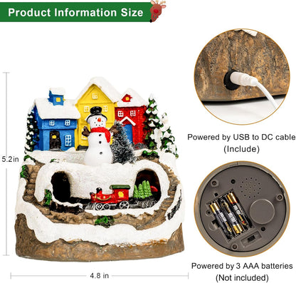 ZQQLITE Animated Musical Christmas Snowman Village - Lighted Figurines with Rotating Train for Home Decor
