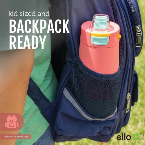 Ello Kids Colby 12oz Stainless Steel Insulated Water Bottle - Leak-Proof Lid & Straw | Perfect for School & Outdoor Activities