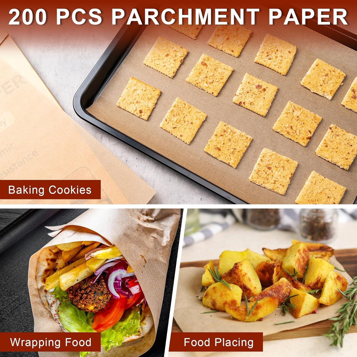 Skiennix Parchment Paper Sheets - Non-Stick Precut Baking Paper | 200 Pcs, 8 x 12 Inches, Unbleached