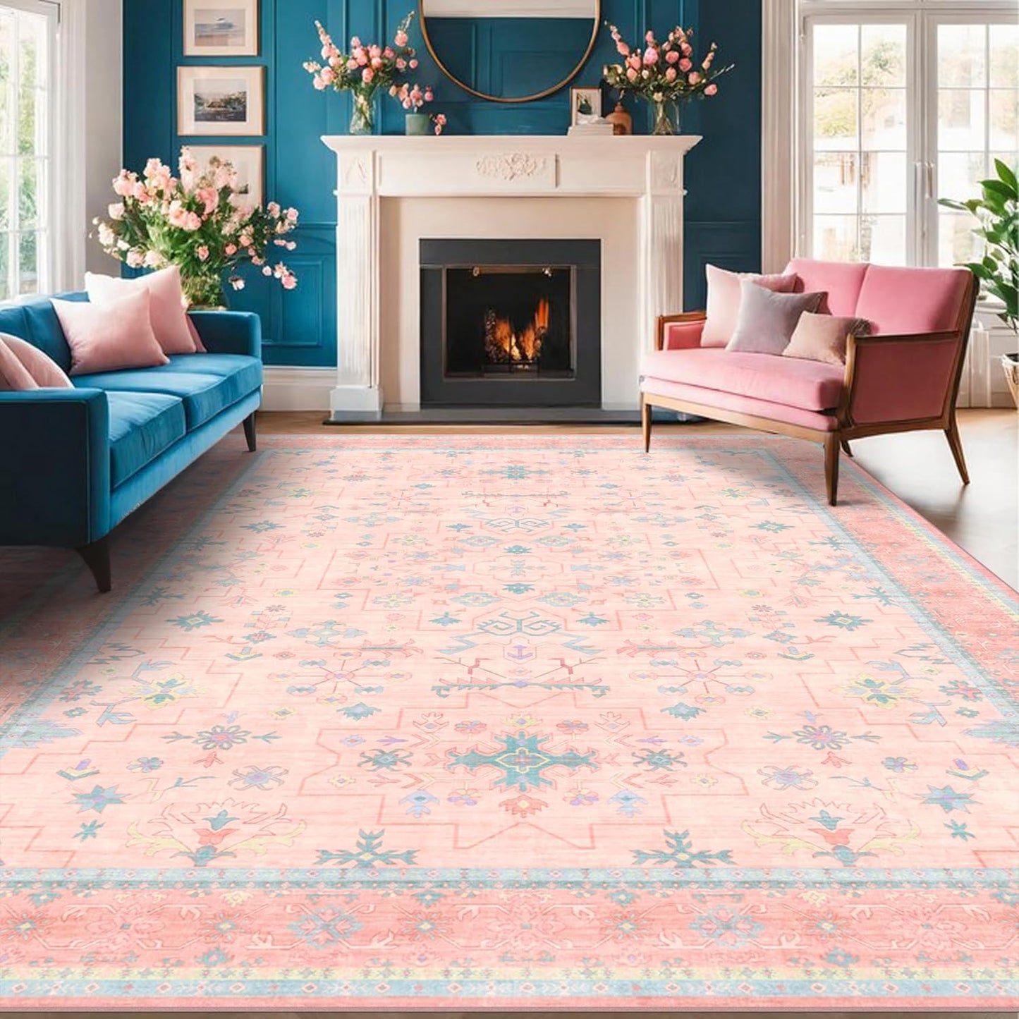Oushak Rugs | Washable Pink & Blue 9x12 Living Room Rug | Modern Floral Design, Soft Faux Wool