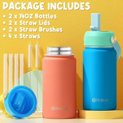 Fimibuke Kids Insulated Water Bottle - 14oz BPA-Free Stainless Steel Tumbler | Leak-Proof Double Wall Design (2 Pack, Candy/Bubble)