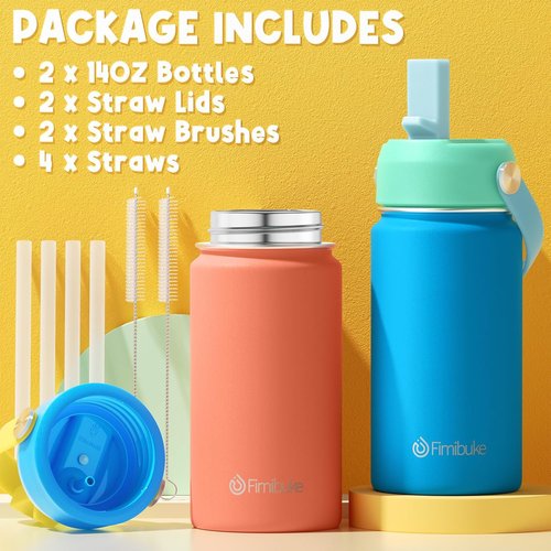 Fimibuke Kids Insulated Water Bottle - 14oz BPA-Free Stainless Steel Tumbler with Straw | Leak-Proof Design (2 Pack, Underwater World)