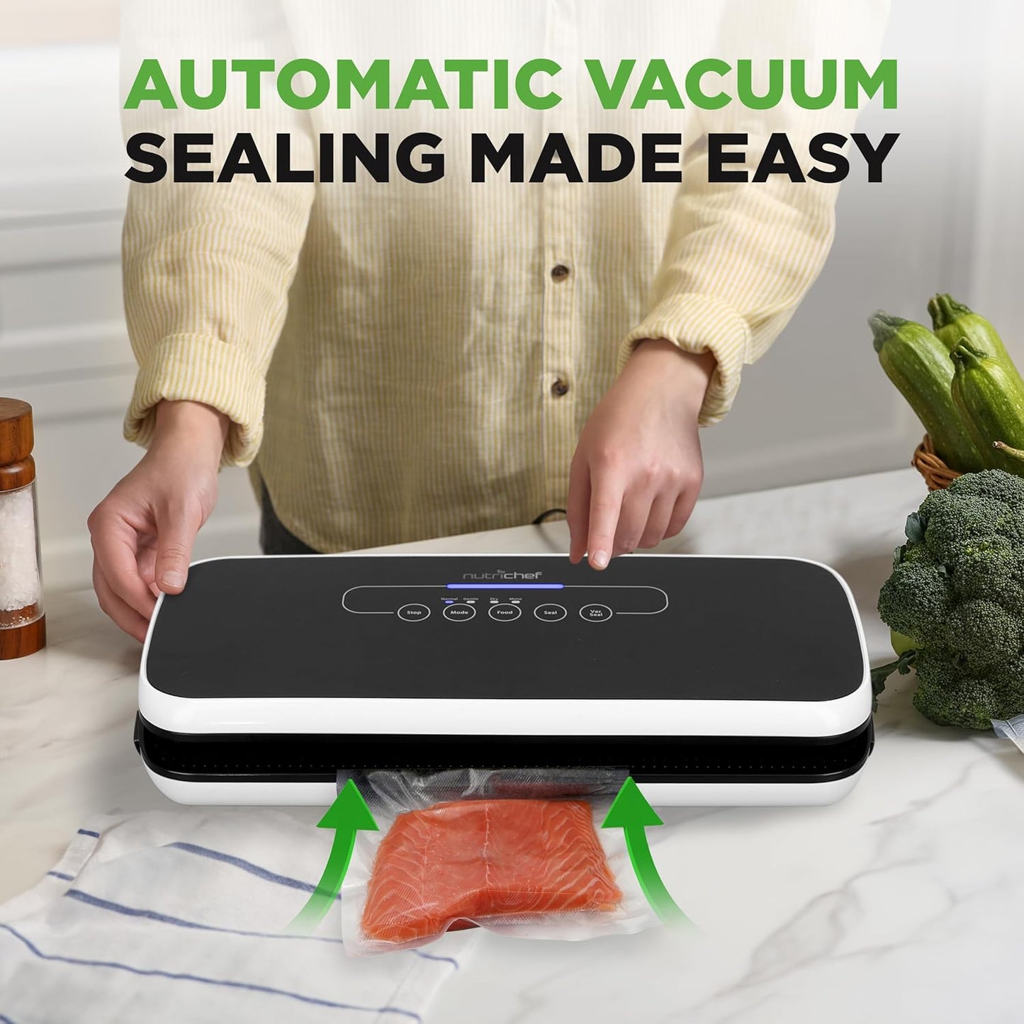 NutriChef Vacuum Sealing System - Automatic Food Preservation with Starter Kit, Compact Design, Black