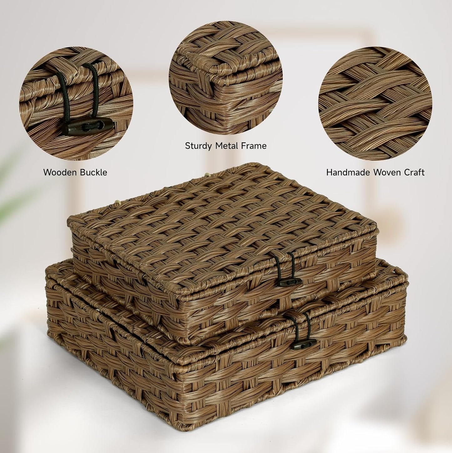 Plastic Wicker Storage Baskets - 2-Pack Woven Rattan Organizer Bins with Lids | Decorative Flat Boxes, Brown