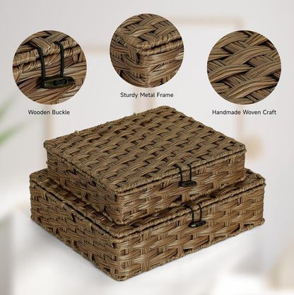Plastic Wicker Storage Baskets - 2-Pack Woven Rattan Organizer Bins with Lids | Decorative Flat Boxes, Brown