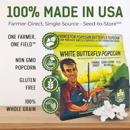 Princeton Farmer Bob's Baby White Popcorn Kernels - Tender Hulless 2lb Bag | Fresh & Delicious Flavor