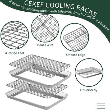 CEKEE 10-Inch Stainless Steel Baking Sheet Set - 4 PCs with Wire Racks, Rust & Warp Resistant, Easy Clean