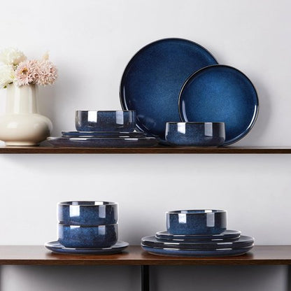E-far Dinnerware Set - 12-Piece Stoneware Plates & Bowls | Microwave & Dishwasher Safe - Deep Sea Blue
