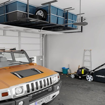 FLEXIMOUNTS Overhead Garage Ceiling Storage Rack - Adjustable Heavy-Duty Metal | 750lbs Capacity, Black