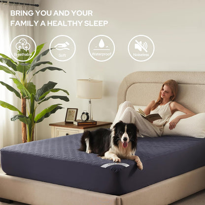 Skiennix Waterproof Mattress Protector - Noiseless Twin Size Pad with Deep Pocket | Breathable Navy Blue Cover
