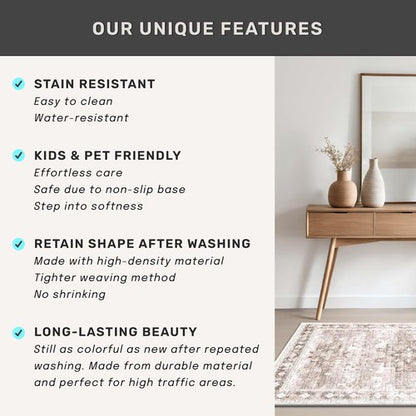 Washable Farmhouse Living Room Rug, 9x12 Area Rugs for Bedroom, Dining Room Under Table Carpet, Kids Room, Large Boho Vintage Non-Slip Floral Rugs Low Pile Stain Resistant (9x12 Beige/Latte)