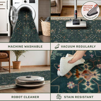Hazo Haus Dark Green Kitchen Runner Rug - Modern Vintage Boho Floral Pattern, 2x8 ft Non-Slip, Washable
