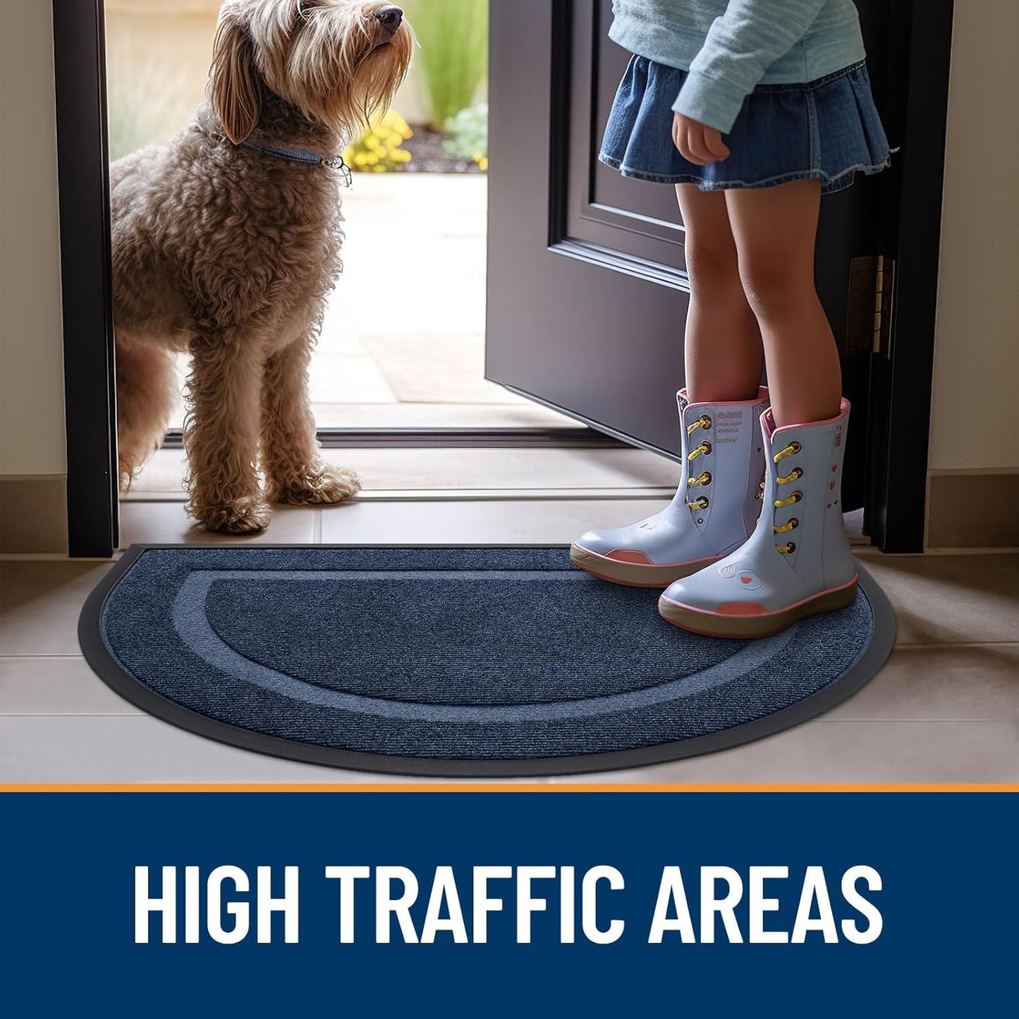 OLANLY Half Circle Door Mat - Waterproof All-Season Indoor/Outdoor Welcome Mat, Easy Clean, 29.5x17, Blue