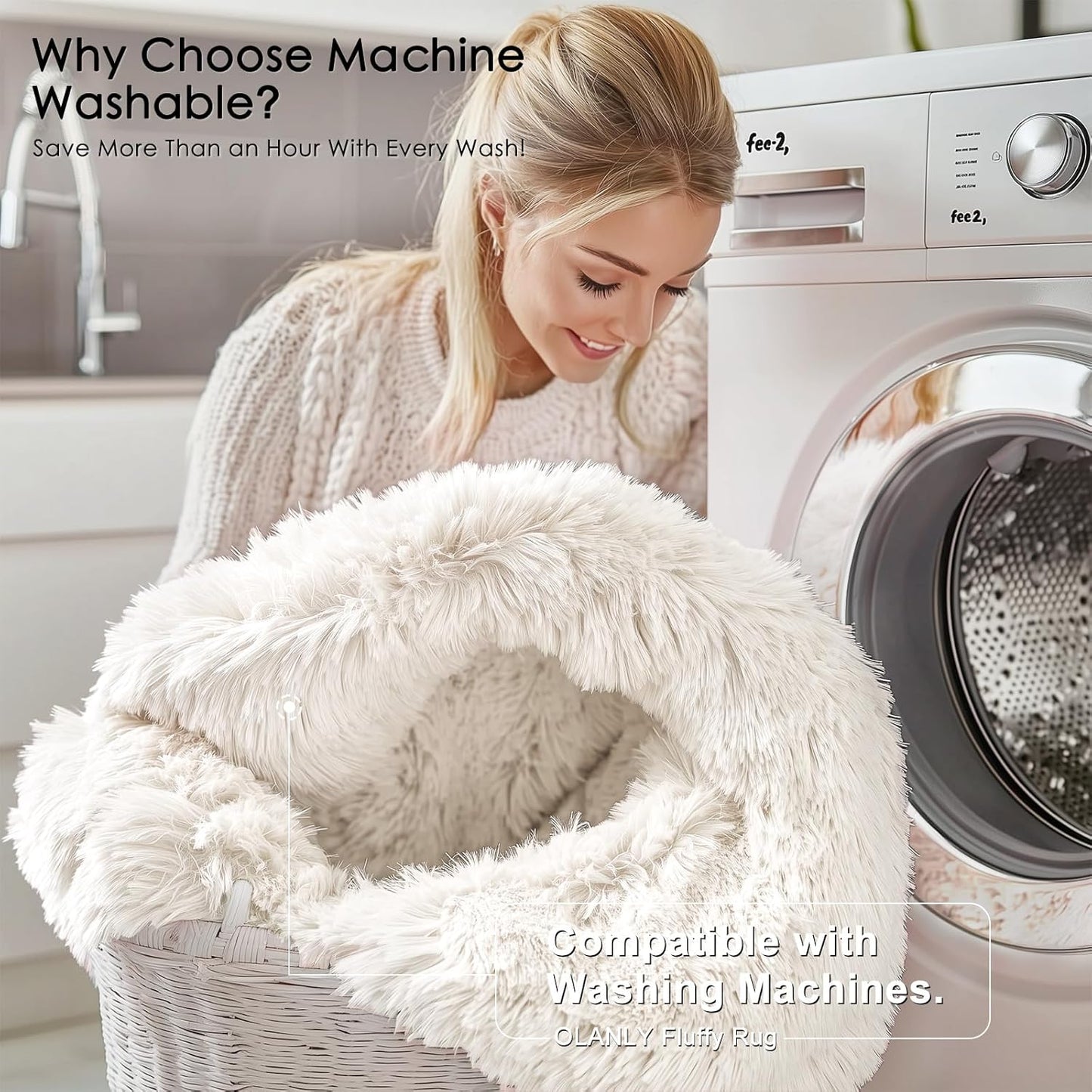 OLANLY Soft Fluffy Shaggy Small Rug - Machine Washable Indoor Carpet for Bedroom & Nursery | Ivory 2x2 ft
