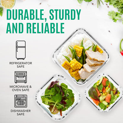 Razab Glass Food Storage Containers Set - 6 PC Airtight Kitchen Meal Prep Containers | 74, 40 & 18 oz