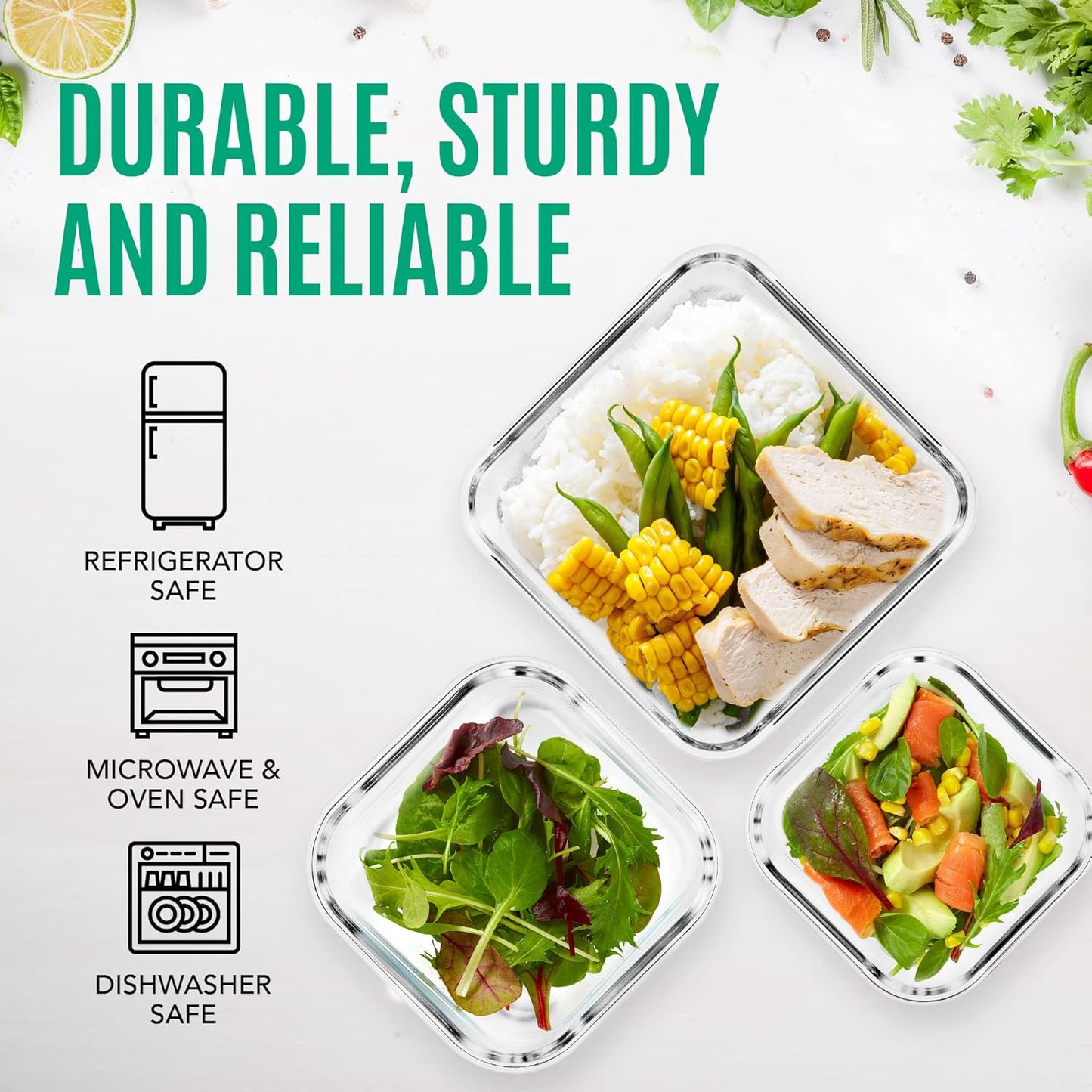 Razab Glass Food Storage Containers Set - 6 PC Airtight Lids, 74/40/18 oz | Reusable Meal Prep, Oven & Dishwasher Safe