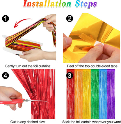 Skiennix Rainbow Backdrop - 12 Pack Metallic Fringe Curtains | 3.28 FT x 7.05 FT Pride Party Decor
