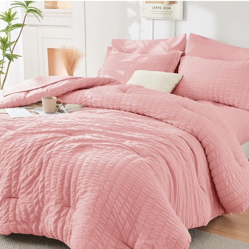 HYMOKEGE Rose Pink Full Size Comforter Sets Seersucker 7 Pieces, All Season Luxury Bed in a Bag for Bedroom, Bedding Set with Comforter, Sheets, Pillowcases & Shams