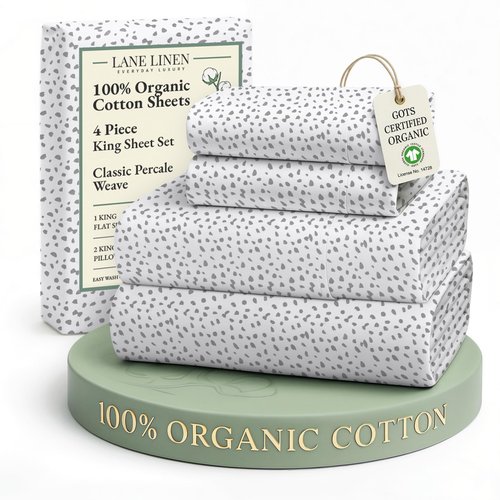 LANE LINEN 100% Organic Cotton Printed King Bed Set, All Season Crisp Percale Weave, Ultra Soft & Comfy Mercerized Cotton Bedding Sheets & Pillowcase Set King Size Printed Sheets - Haze Grey