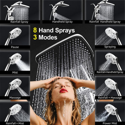 Rain Shower Head with Handheld High Pressure rainfall Shower Heads with Handheld Spray Combo Adjustable one-piece stand daul shower head Built-in Magnetic Docking and Power Jets-silver