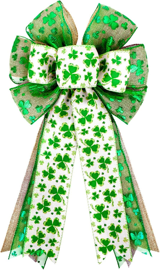 Patrick's Day Wreath Bow - Green Shamrock Ribbon for DIY Crafts & Party Decorations | 11x20 Inch