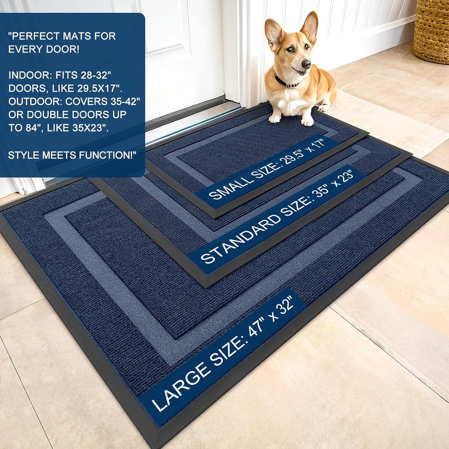 OLANLY Waterproof Front Door Mat - All-Season, Sturdy Natural Rubber, Easy Clean | 47x17, Blue