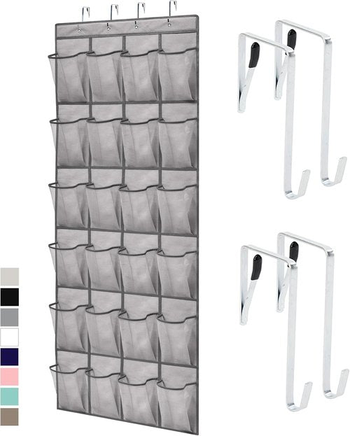 GORILLA GRIP Over The Door Shoe Organizer - 24 Large Breathable Mesh Pockets | Space-Saving Storage in Grey