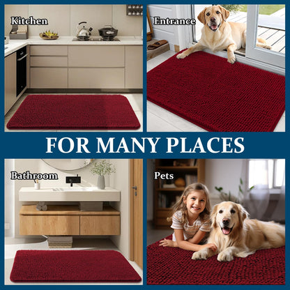 OLANLY Dog Door Mat - Absorbent Non-Slip Chenille Mat for Muddy Paws | 47x32 Red Quick-Dry Indoor Carpet