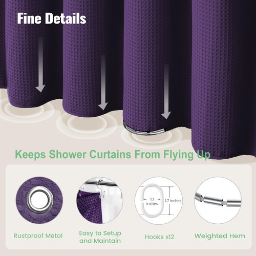 Dynamene Purple Shower Curtain and Liner Set, Waffle Weave Fabric, Waterproof Clear Liner, 256GSM Heavy Duty Weighted Hotel Luxury Cloth Shower Curtains for Bathroom with 12 Plastic Hooks, 72Wx72H