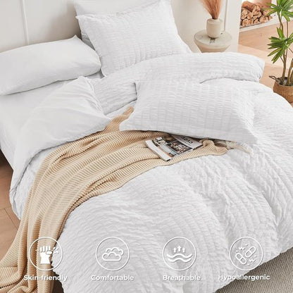 HYMOKEGE Twin XL Comforter Set - 5-Piece Seersucker Luxury Bedding Set for All Seasons | White