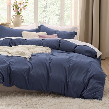 Bedsure Navy Blue King Duvet Cover Set - Extra Soft 3-Piece Prewashed Cotton-Like Polyester, 120x98 Inches