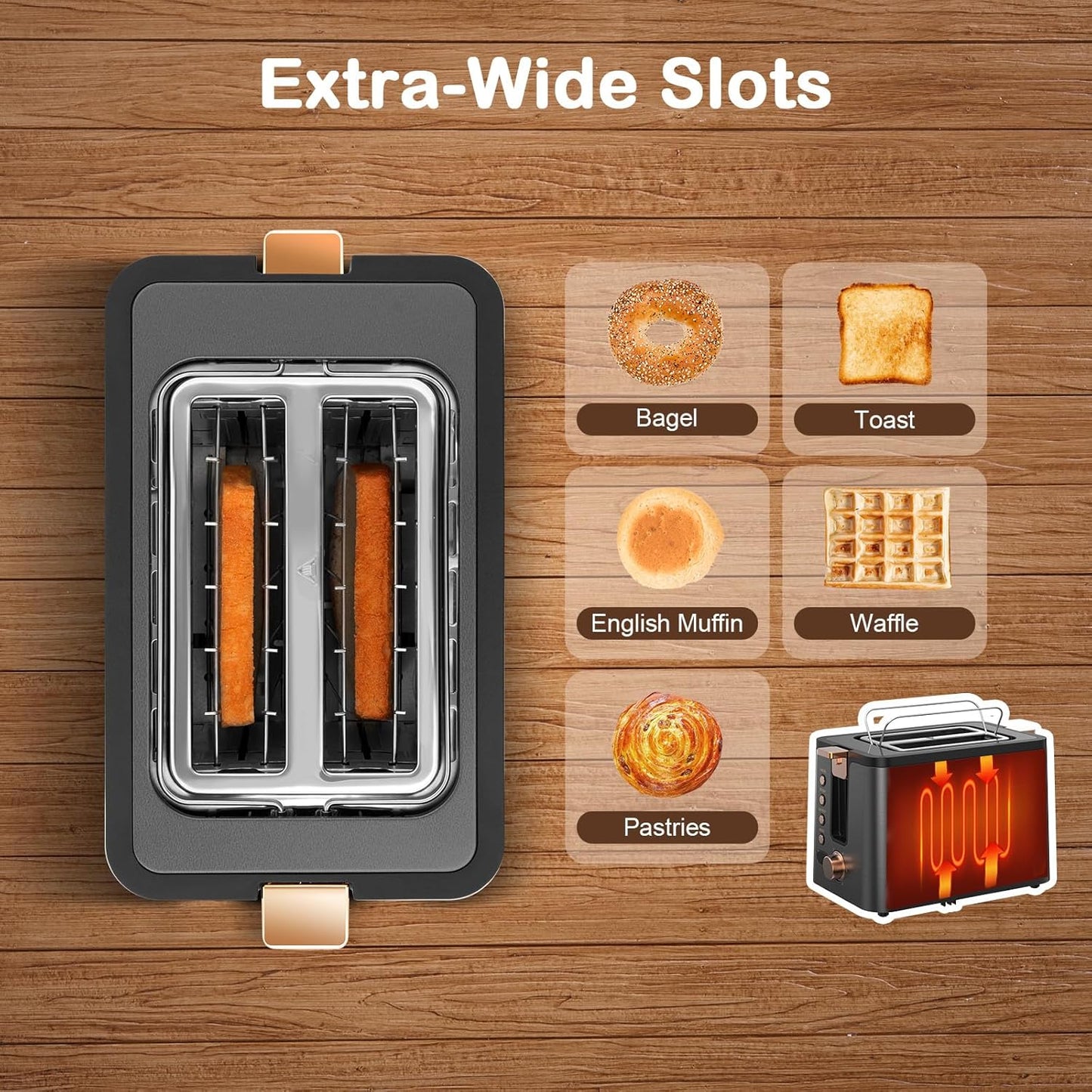 Mecity 2-Slice Stainless Steel Toaster - Extra Wide Slots, 6 Browning Settings, Timer & Warming Rack | Grey