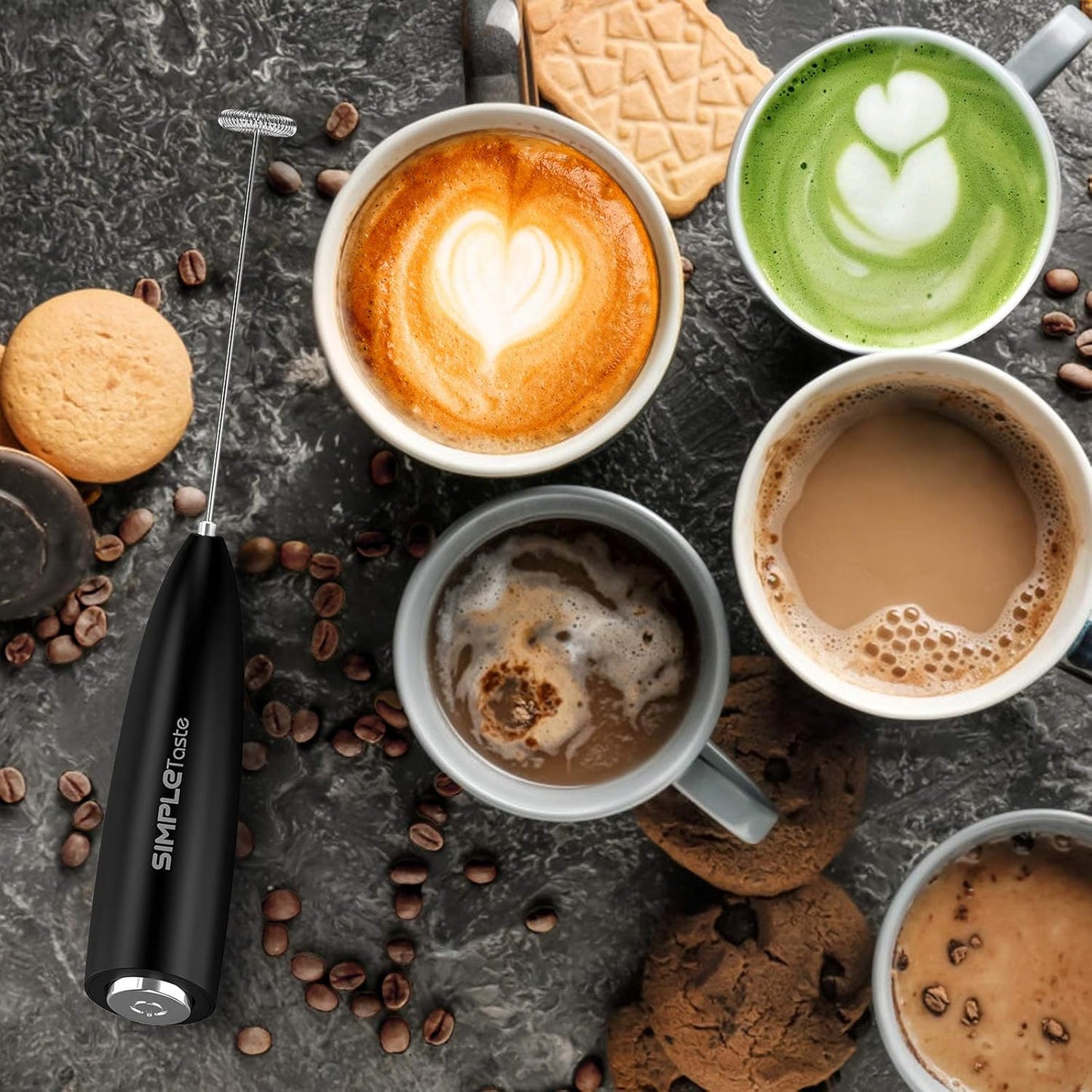 SIMPLETASTE Handheld Electric Milk Frother - Stainless Steel Whisk for Cappuccino & Latte | Black with Stand