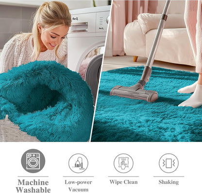 OLANLY Teal Round Area Rug - Soft, Fluffy, Machine Washable 7 ft Circle Carpet for Bedroom & Living Room