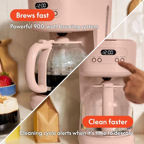 Bella 12-Cup Programmable Coffee Maker - Easy LCD Display, Auto Shutoff, Reusable Accessories, Blossom Color