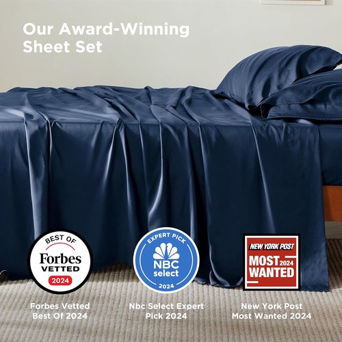 Bedsure Cooling Bed Sheets - Breathable Rayon from Bamboo | Soft & Luxurious Full Size, Deep Pocket Up to 16 Inches, Navy