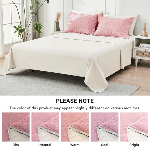 HYMOKEGE Full Size Comforter Set - Luxury 7-Piece Seersucker Bedding in Pink/Ivory for All Seasons