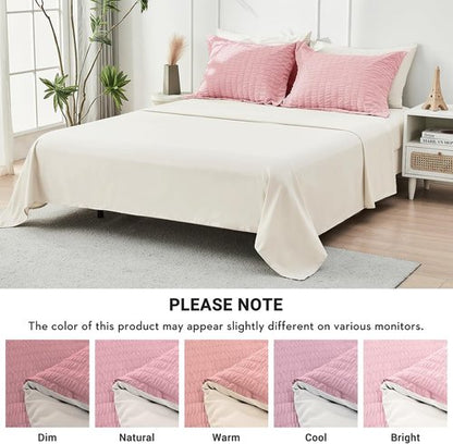 HYMOKEGE Full Size Comforter Set - Luxury 7-Piece Seersucker Bedding in Pink/Ivory for All Seasons
